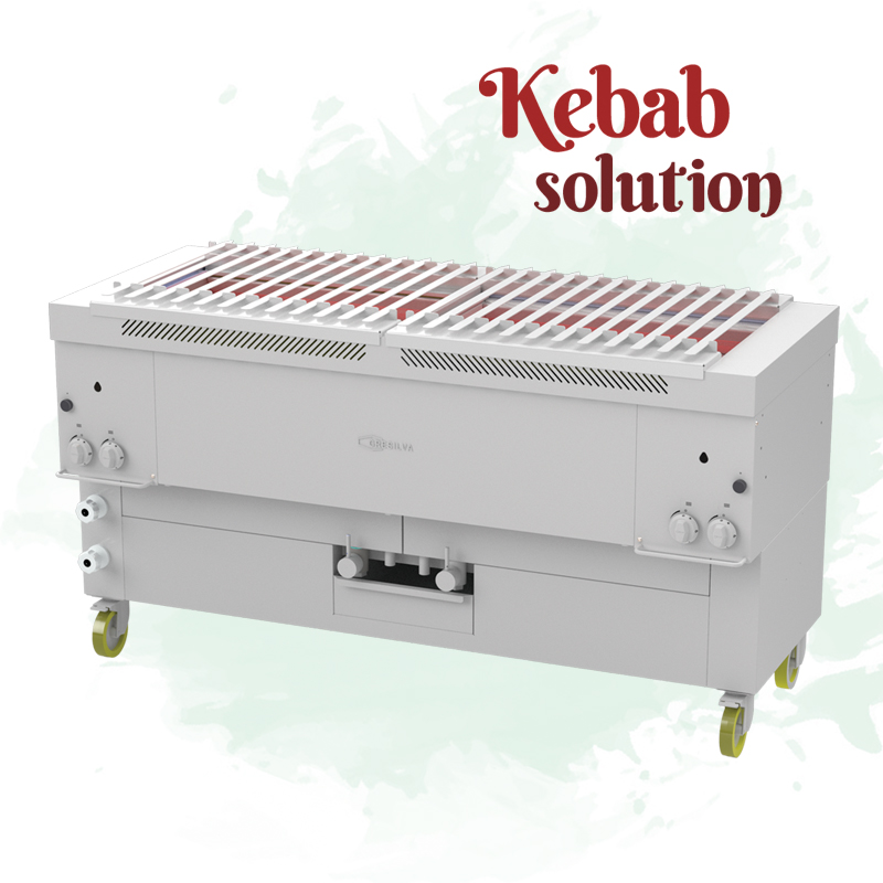 Industrial kebab grill on wheels with vertical rotisserie rods and a fireproof grill top, labeled 'Kebab solution' in red text.