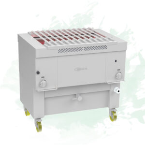 Industrial grill on a wheeled cart with a top grate and side controls, in light gray.